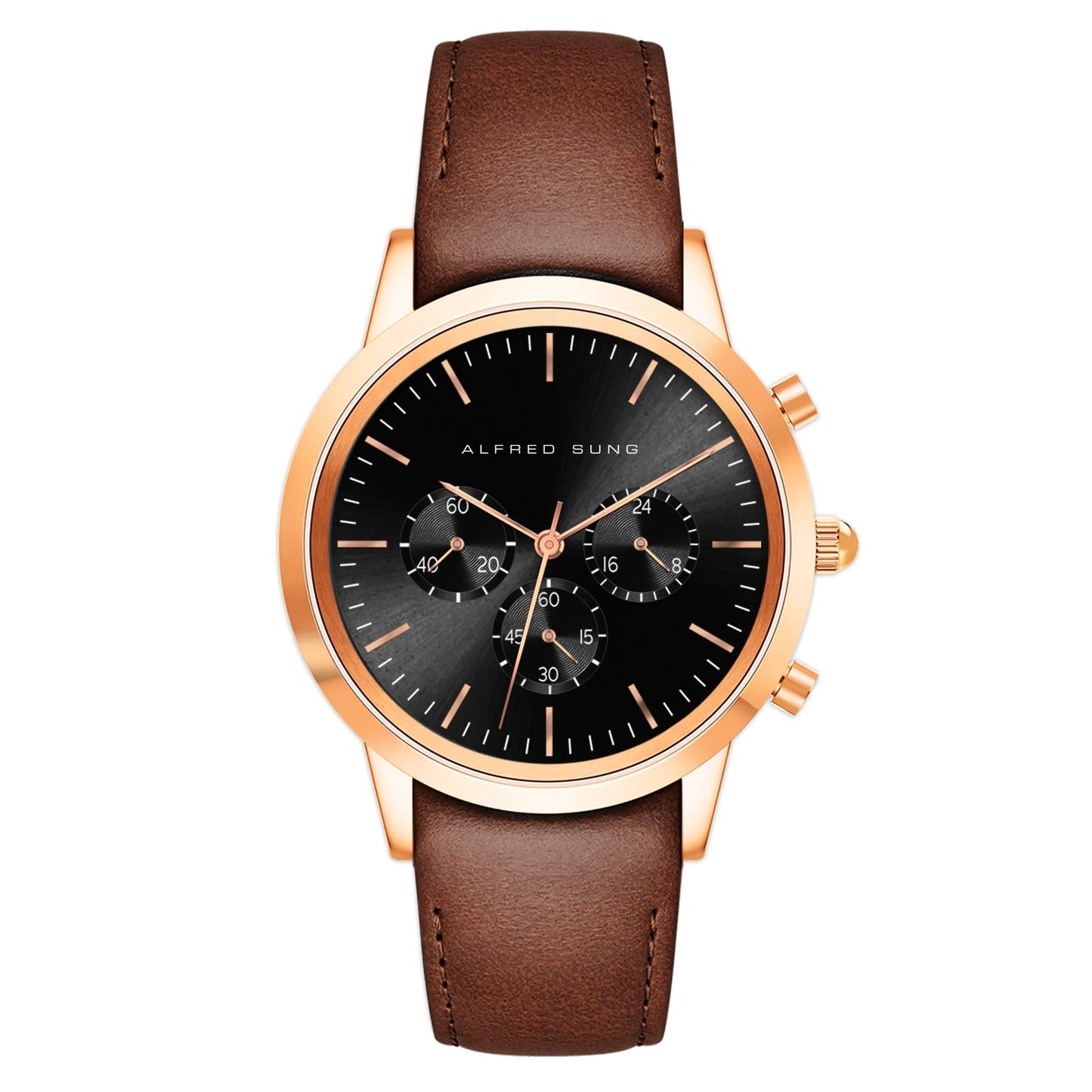 Alfred Sung Chronograph Black Sunray Dial Brown Leather Strap Men's watch - MacroPanora