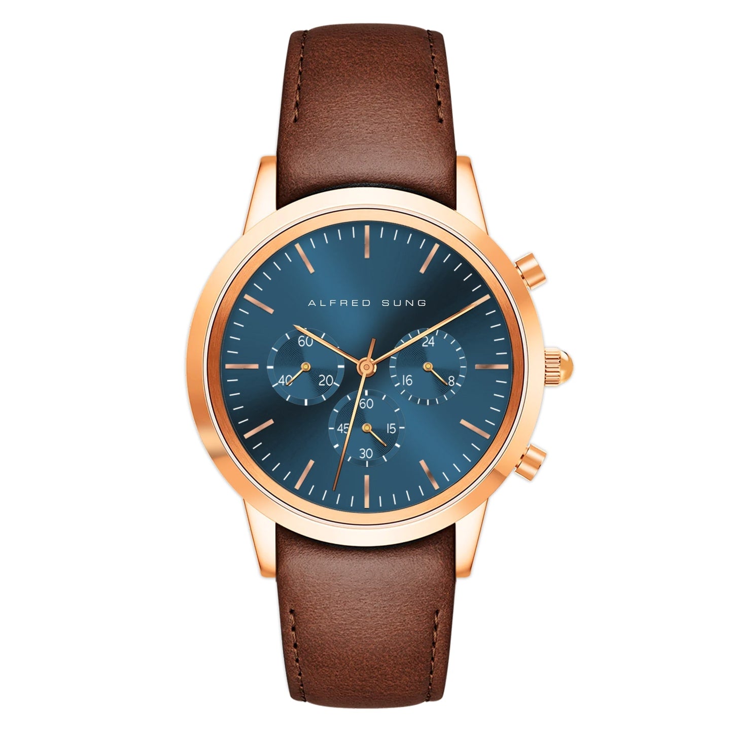 Alfred Sung Chronograph Blue Sunray Dial Brown Leather Strap Men's watch - MacroPanora