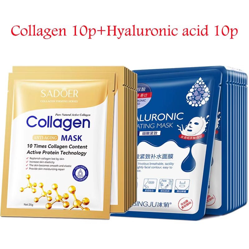 20Pcs Hyaluronic Acid Collagen Face Mask Skincare Moisturizing Firming Hydrating Facial Masks Sheet Mask Korean Skin Care - MacroPanora