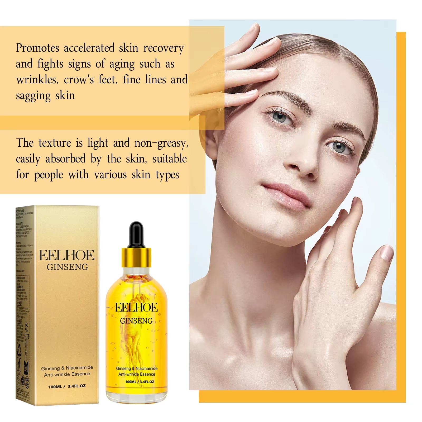24K Gold Ginseng Serum anti Wrinkle Lifting Firming Fade Fine Lines Lightening Spot Hyaluronic Acid Nicotinamide Facial Essence - MacroPanora