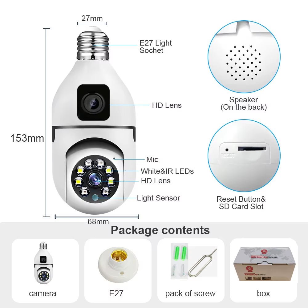 4MP Bulb Wifi Camera Indoor Dual Lens Wireless Light IP Camera 2 Way Audio Auto Tracking AI Humanoid Detection PTZ Security Cam - MacroPanora