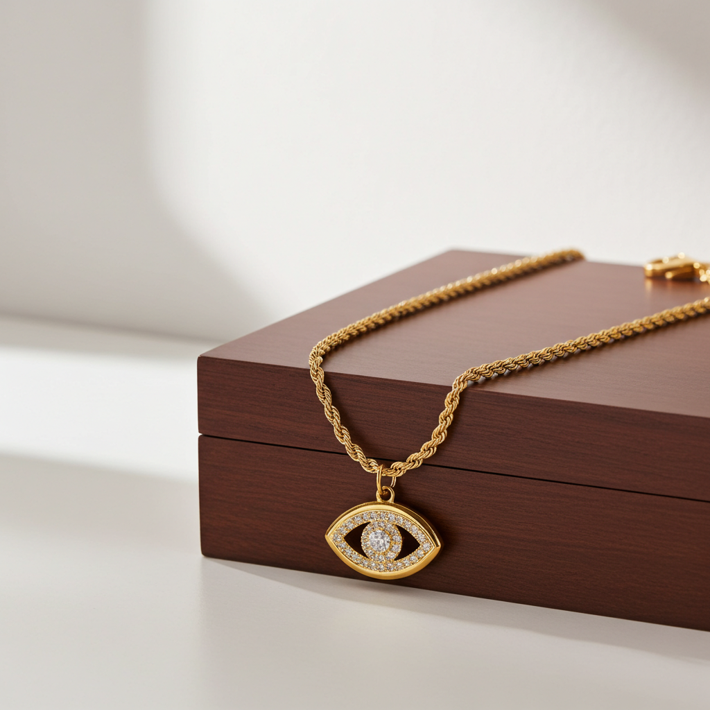 PROTACTOR Gold: Zirconia (CZ) Embellished Evil Eye Chain Necklace