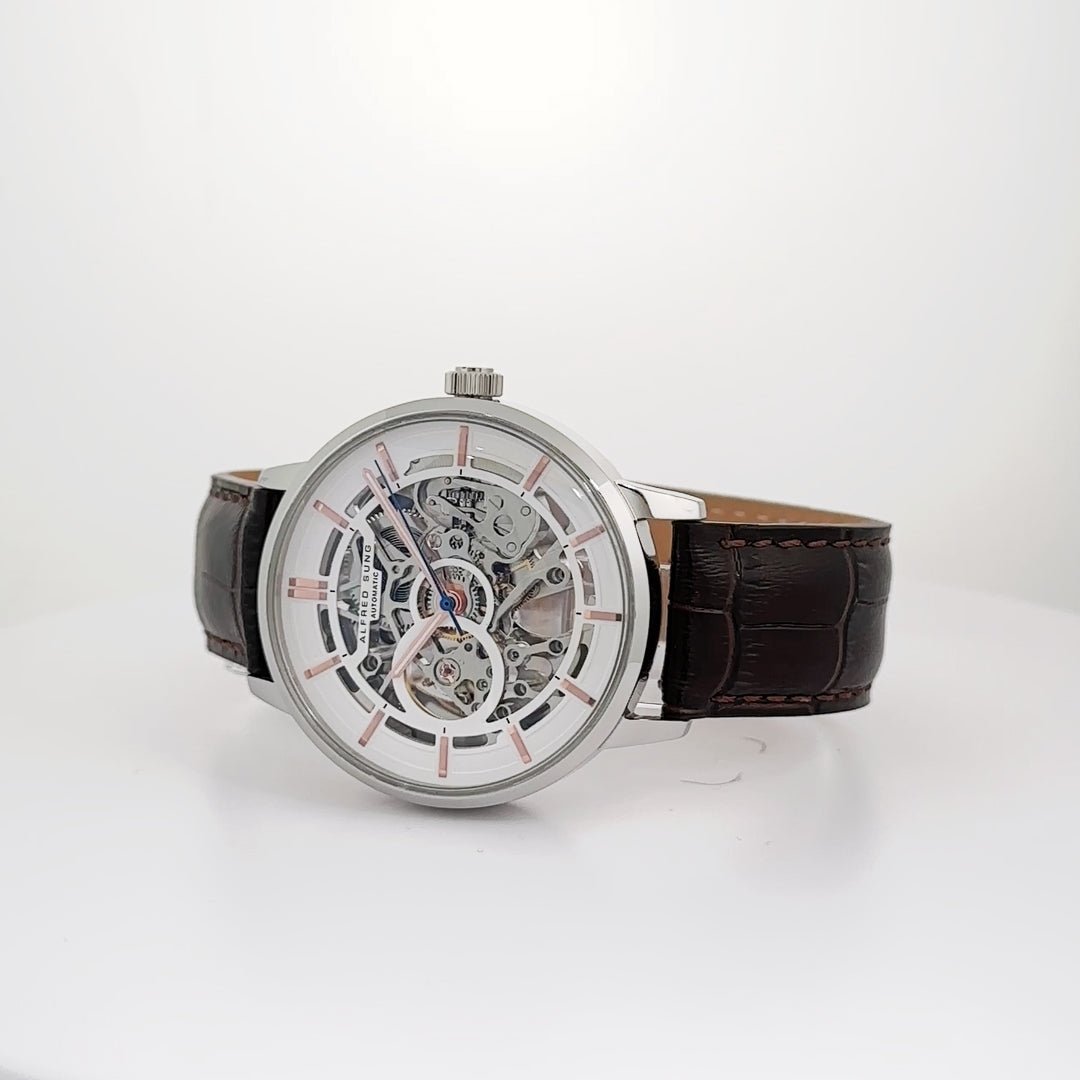 Alfred Sung Automatic III White Skeleton Dial Brown Leather Strap Men's watch - MacroPanora