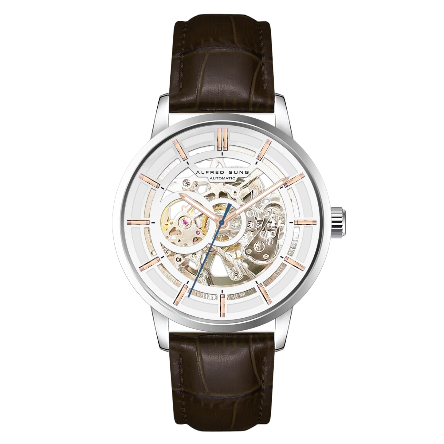 Alfred Sung Automatic III White Skeleton Dial Brown Leather Strap Men's watch - MacroPanora