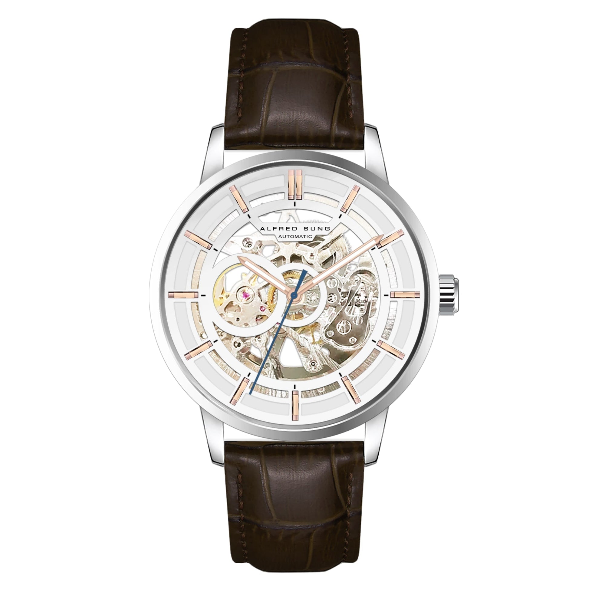 Alfred Sung Automatic III White Skeleton Dial Brown Leather Strap Men's watch - MacroPanora