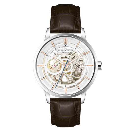 Alfred Sung Automatic III White Skeleton Dial Brown Leather Strap Men's watch - MacroPanora