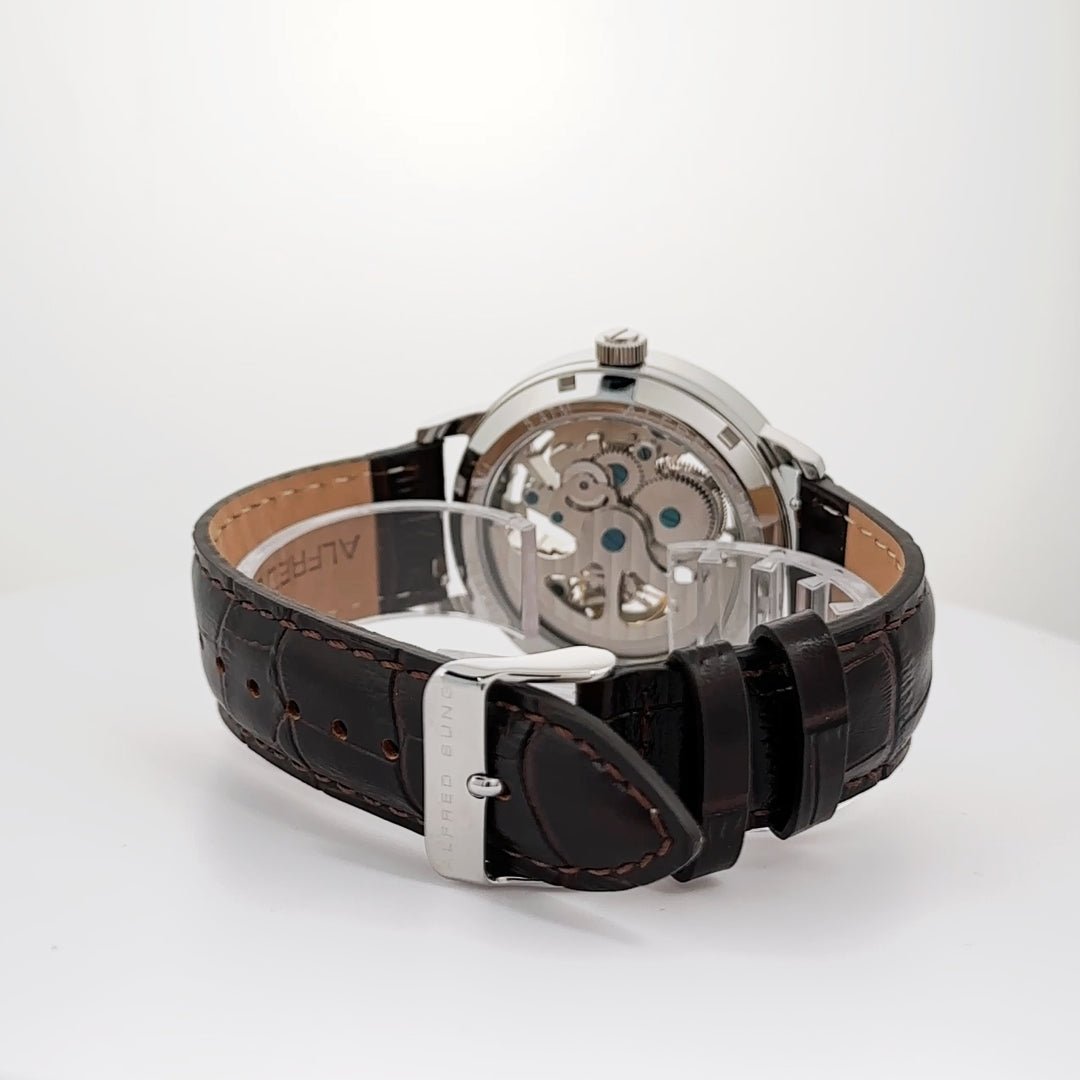 Alfred Sung Automatic III White Skeleton Dial Brown Leather Strap Men's watch - MacroPanora