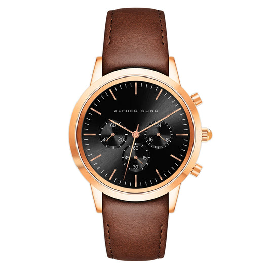 Alfred Sung Chronograph Black Sunray Dial Brown Leather Strap Men's watch - MacroPanora