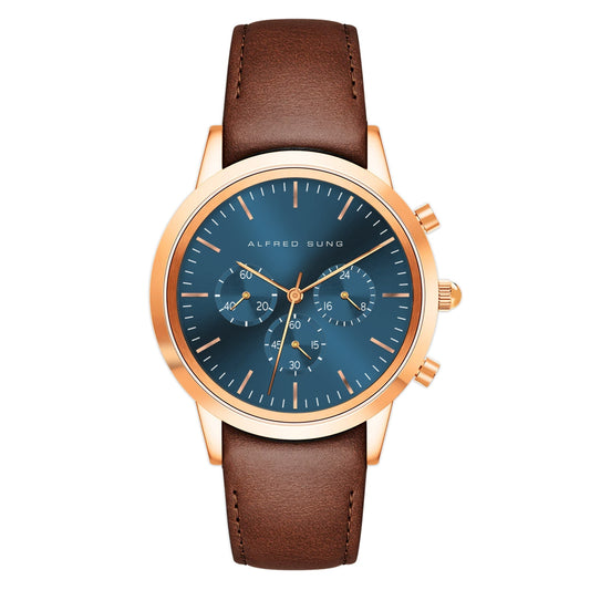 Alfred Sung Chronograph Blue Sunray Dial Brown Leather Strap Men's watch - MacroPanora