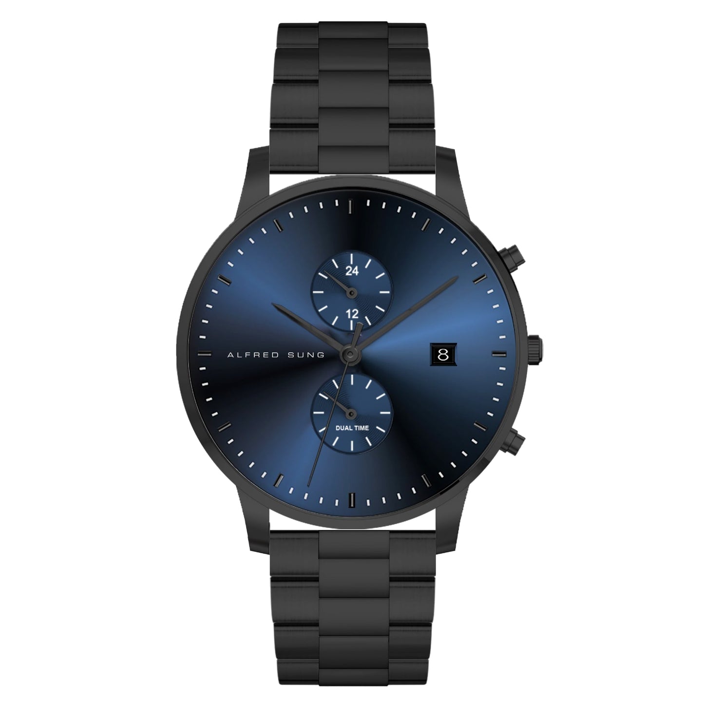 Alfred Sung Dual Time with Date Blue Dial Black Bracelet watch - MacroPanora