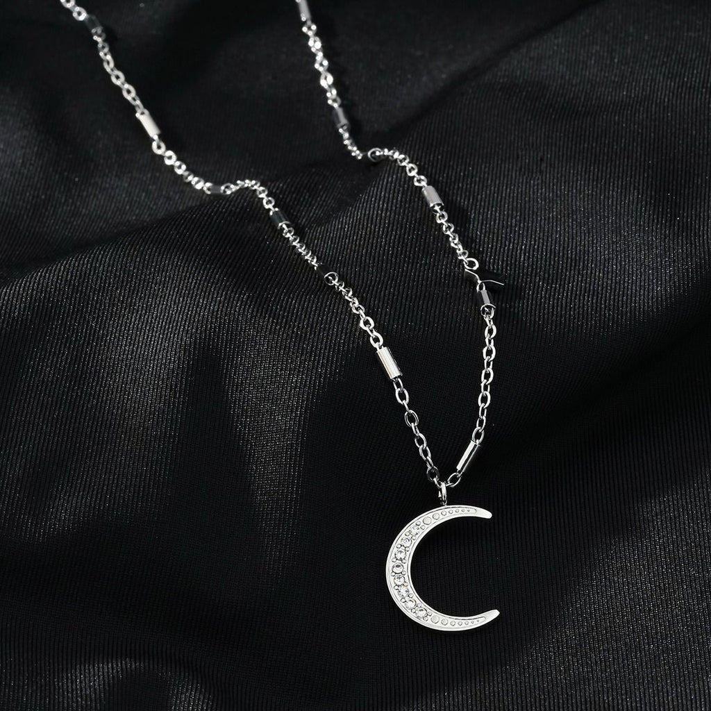 ALMERIA Silver (White Gold): Celestial Magic - Zirconia Embedded Crescent Moon and Star Necklace - MacroPanora