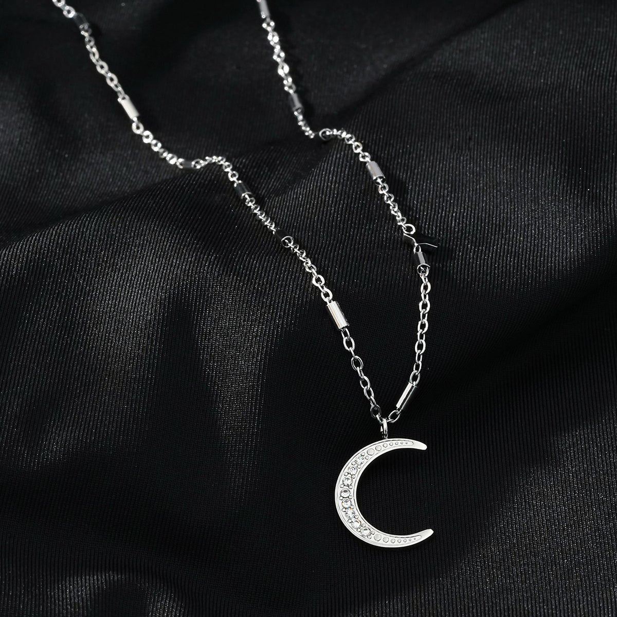 ALMERIA Silver (White Gold): Celestial Magic - Zirconia Embedded Crescent Moon and Star Necklace - MacroPanora