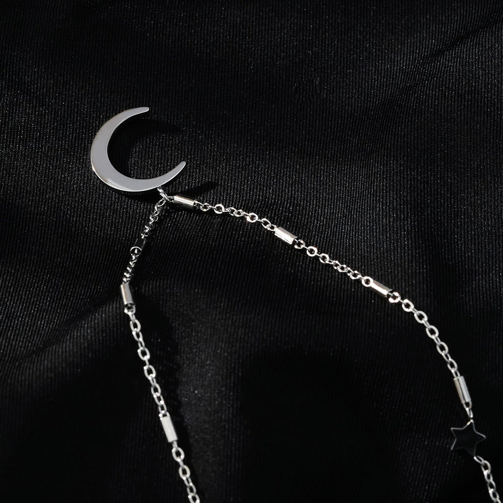 ALMERIA Silver (White Gold): Celestial Magic - Zirconia Embedded Crescent Moon and Star Necklace - MacroPanora