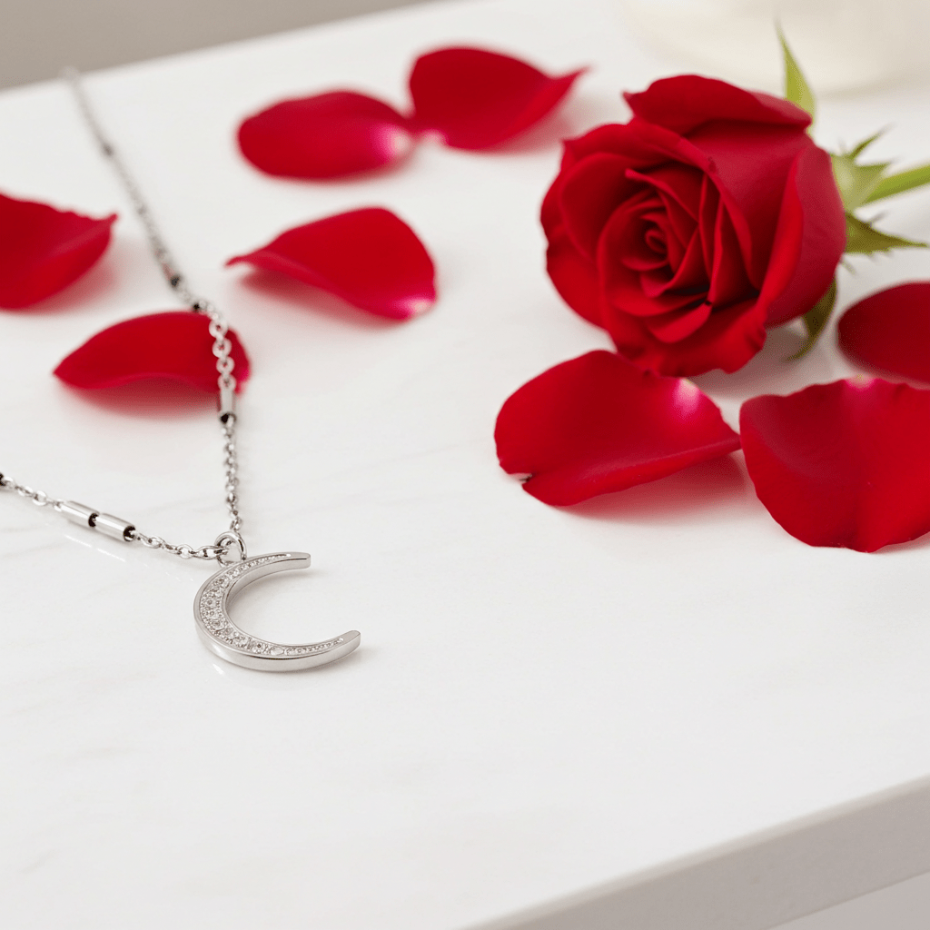 ALMERIA Silver (White Gold): Celestial Magic - Zirconia Embedded Crescent Moon and Star Necklace - MacroPanora