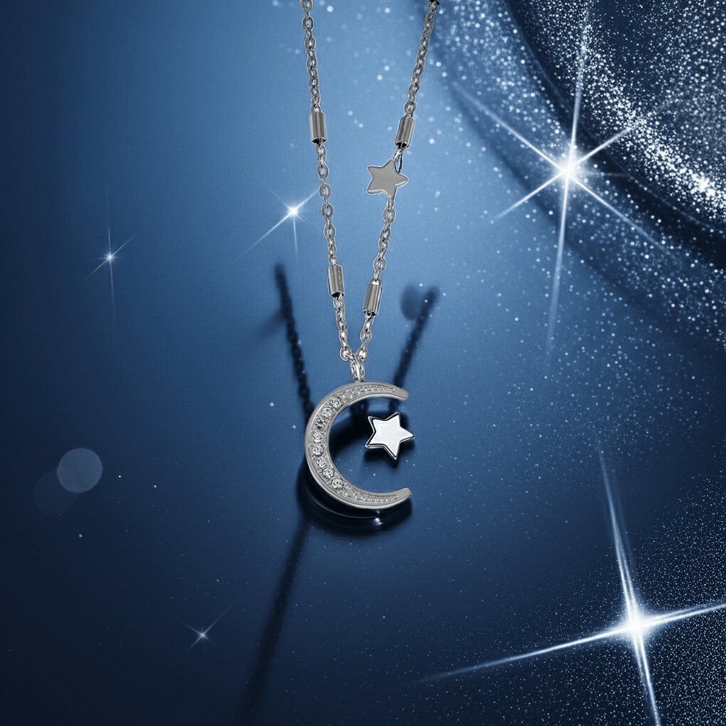 ALMERIA Silver (White Gold): Celestial Magic - Zirconia Embedded Crescent Moon and Star Necklace - MacroPanora