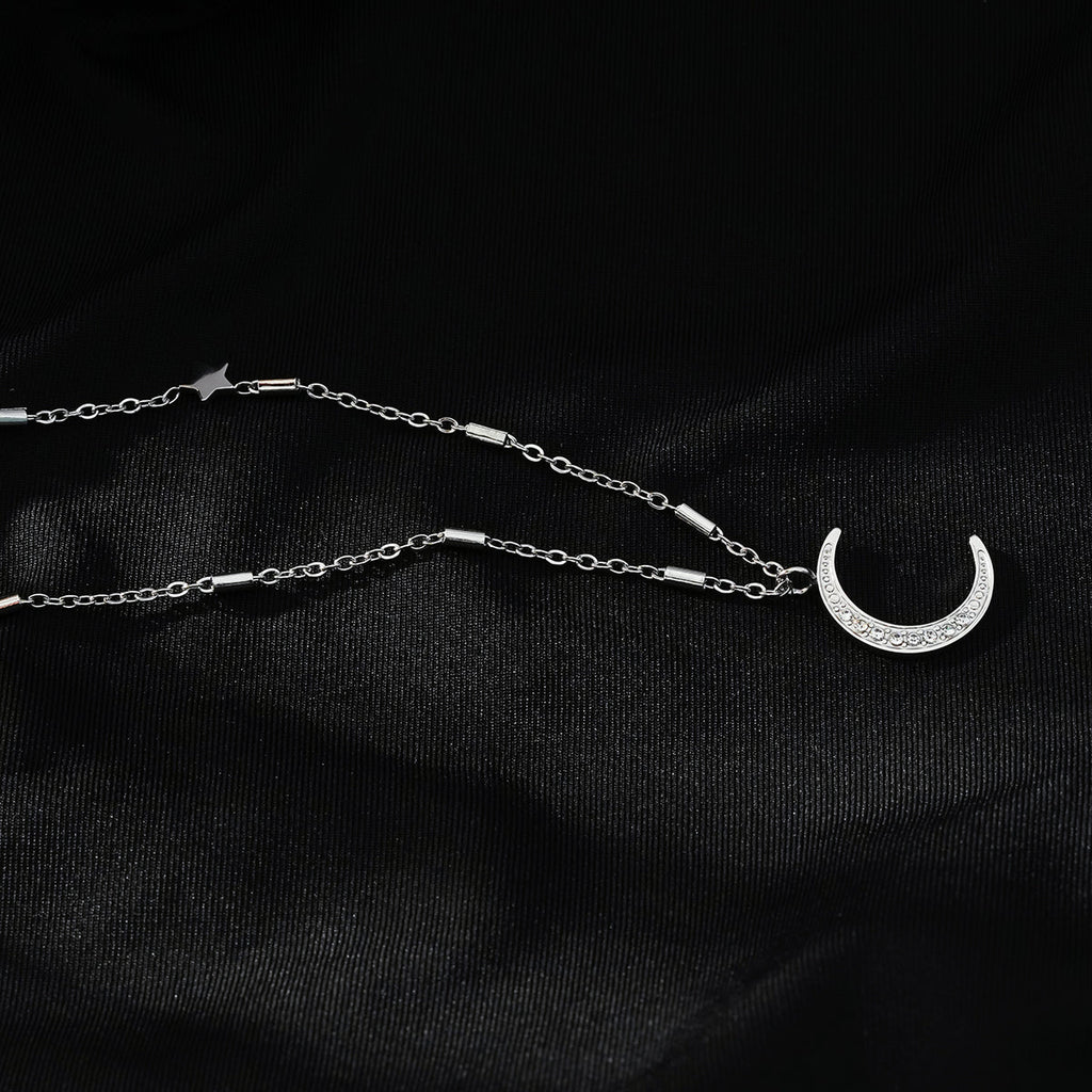 ALMERIA Silver (White Gold): Celestial Magic - Zirconia Embedded Crescent Moon and Star Necklace - MacroPanora
