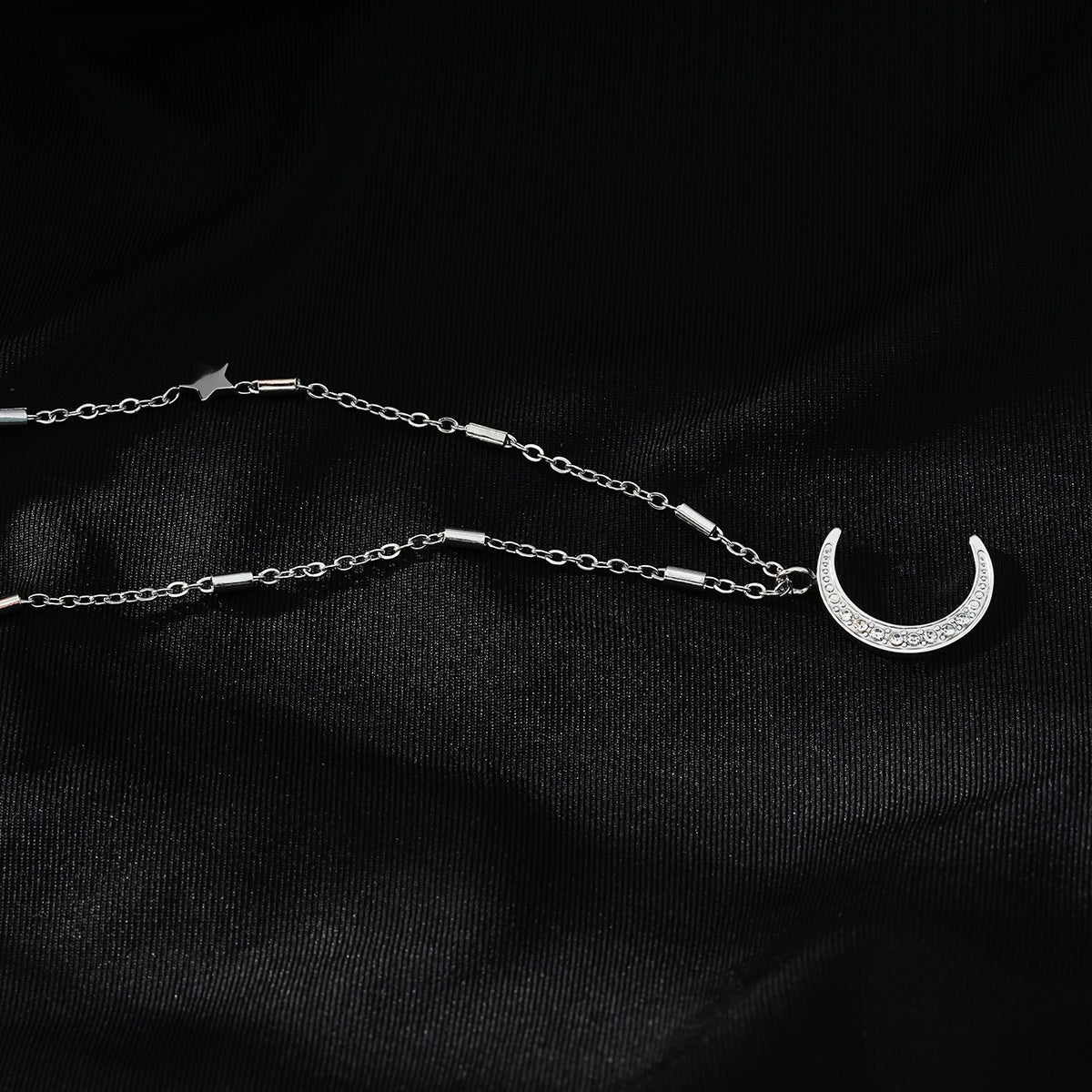 ALMERIA Silver (White Gold): Celestial Magic - Zirconia Embedded Crescent Moon and Star Necklace - MacroPanora