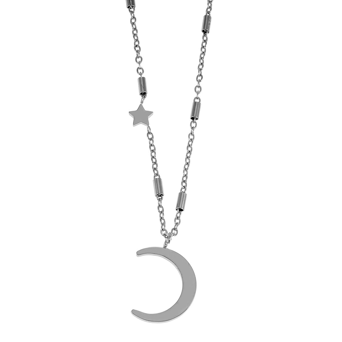 ALMERIA Silver (White Gold): Celestial Magic - Zirconia Embedded Crescent Moon and Star Necklace - MacroPanora