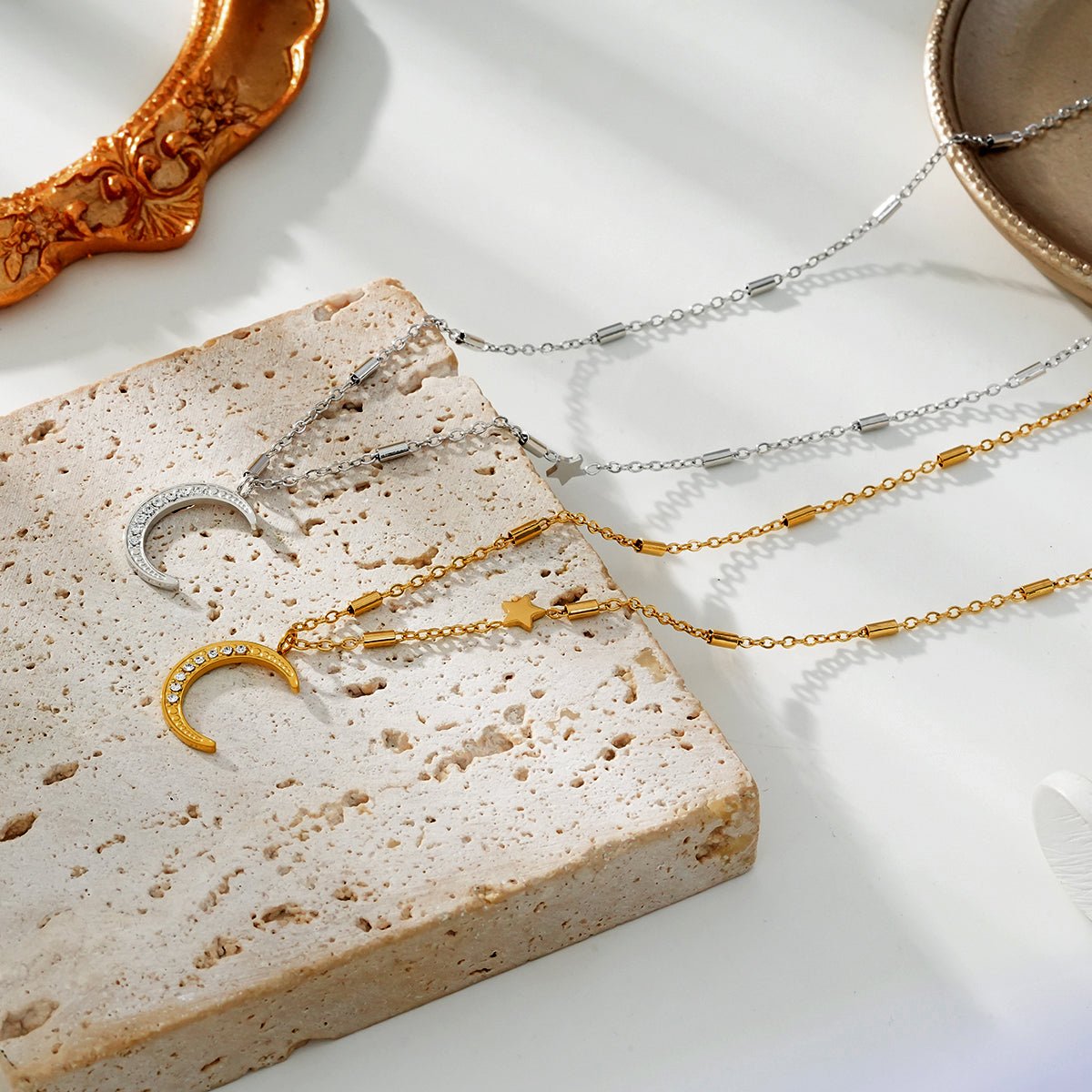 ALMERIA Silver (White Gold): Celestial Magic - Zirconia Embedded Crescent Moon and Star Necklace - MacroPanora