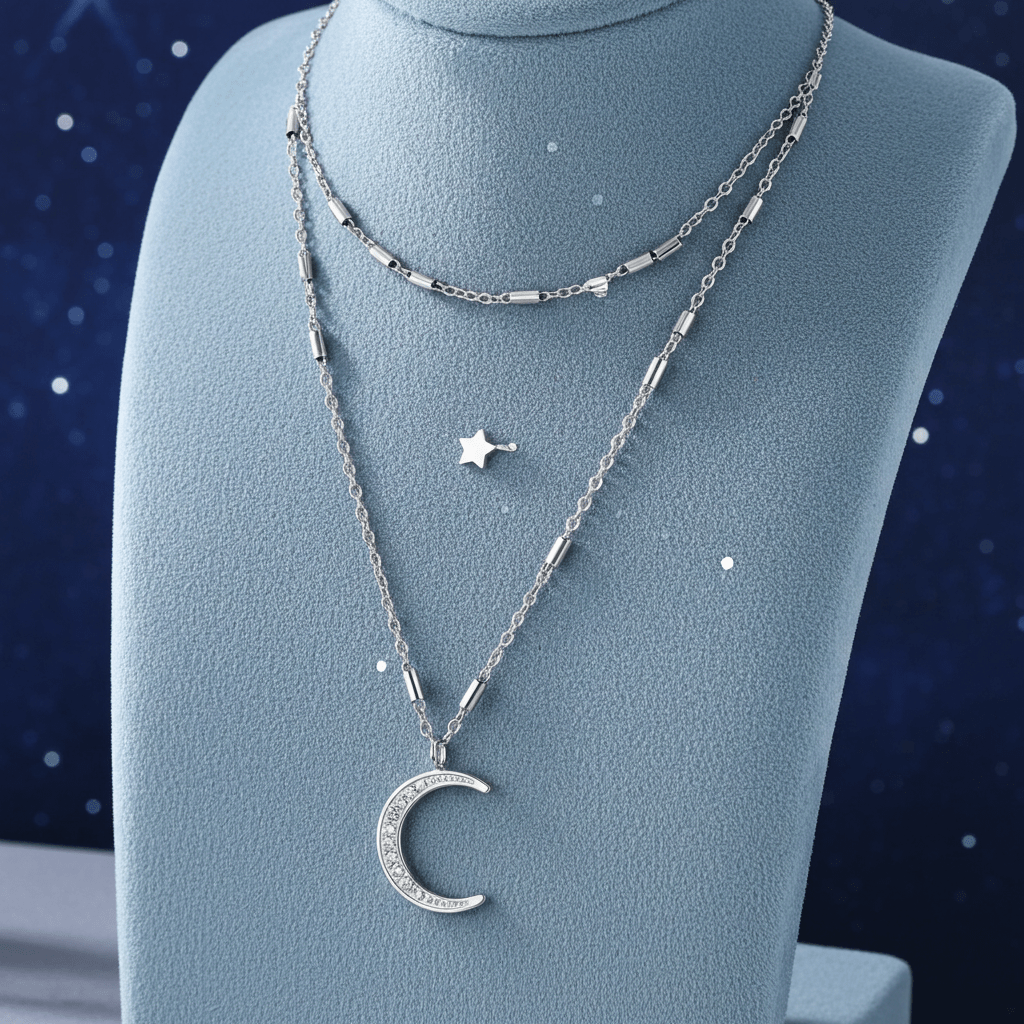 ALMERIA Silver (White Gold): Celestial Magic - Zirconia Embedded Crescent Moon and Star Necklace - MacroPanora