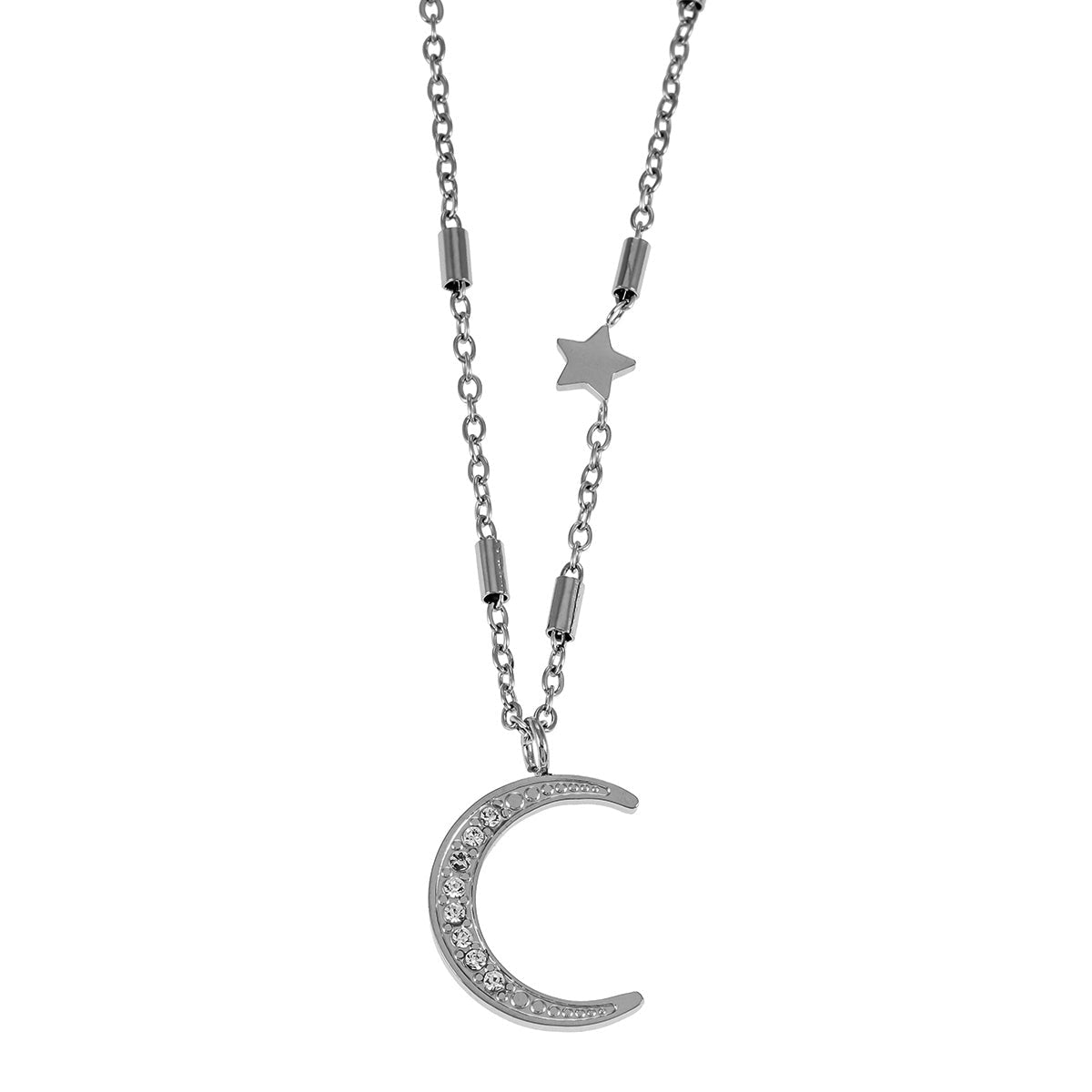ALMERIA Silver (White Gold): Celestial Magic - Zirconia Embedded Crescent Moon and Star Necklace - MacroPanora