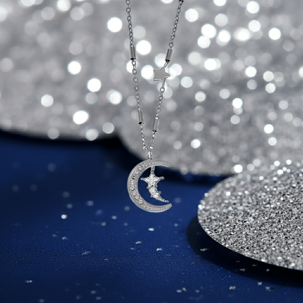 ALMERIA Silver (White Gold): Celestial Magic - Zirconia Embedded Crescent Moon and Star Necklace - MacroPanora