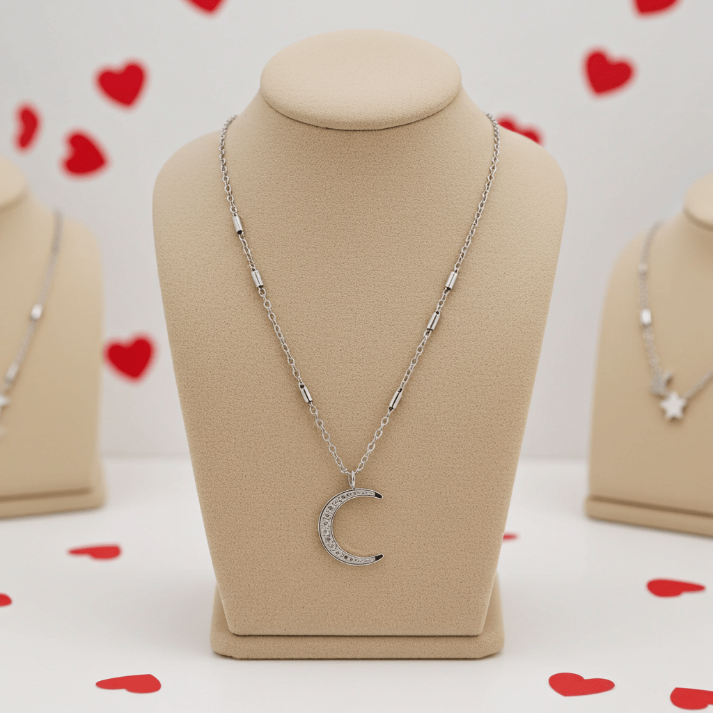 ALMERIA Silver (White Gold): Celestial Magic - Zirconia Embedded Crescent Moon and Star Necklace - MacroPanora