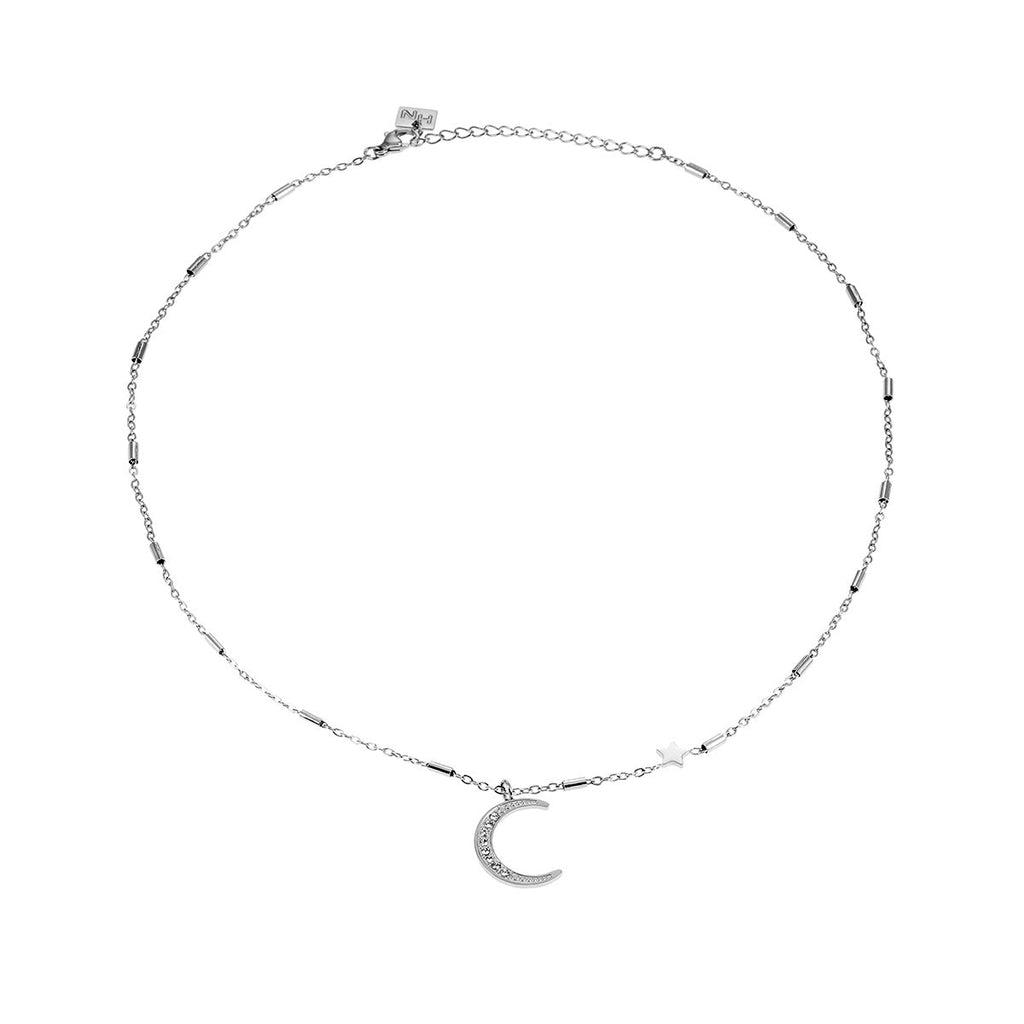 ALMERIA Silver (White Gold): Celestial Magic - Zirconia Embedded Crescent Moon and Star Necklace - MacroPanora