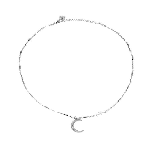 ALMERIA Silver (White Gold): Celestial Magic - Zirconia Embedded Crescent Moon and Star Necklace - MacroPanora