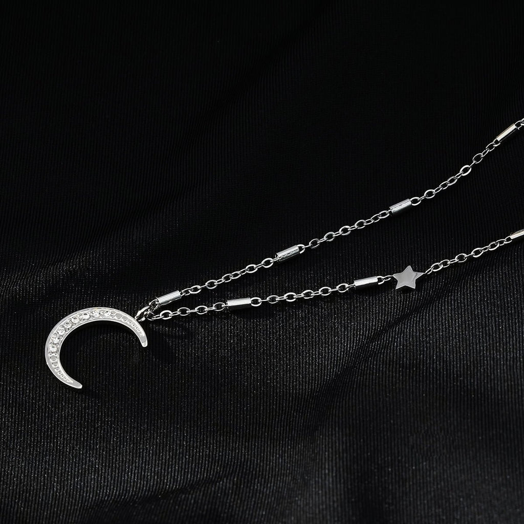 ALMERIA Silver (White Gold): Celestial Magic - Zirconia Embedded Crescent Moon and Star Necklace - MacroPanora