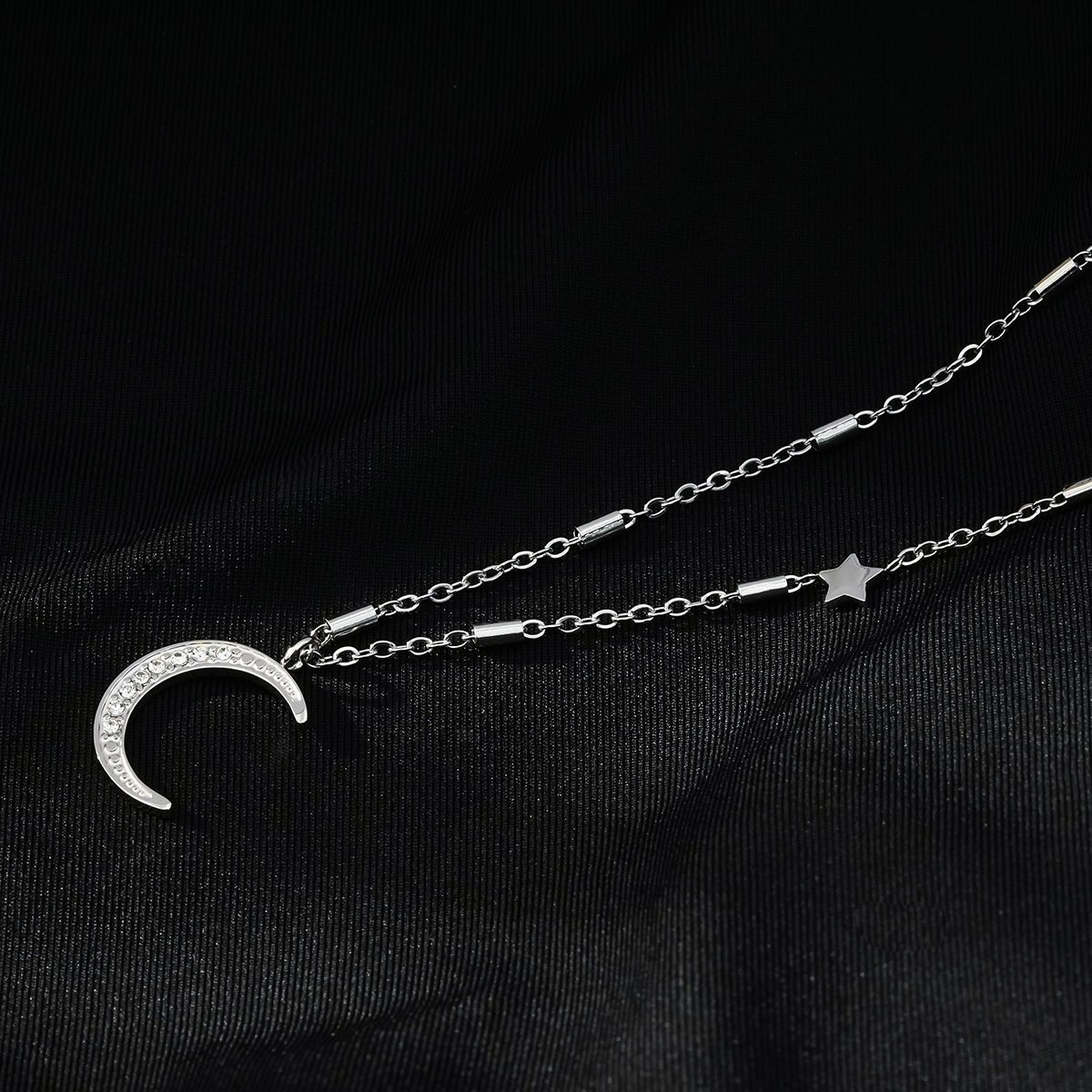 ALMERIA Silver (White Gold): Celestial Magic - Zirconia Embedded Crescent Moon and Star Necklace - MacroPanora