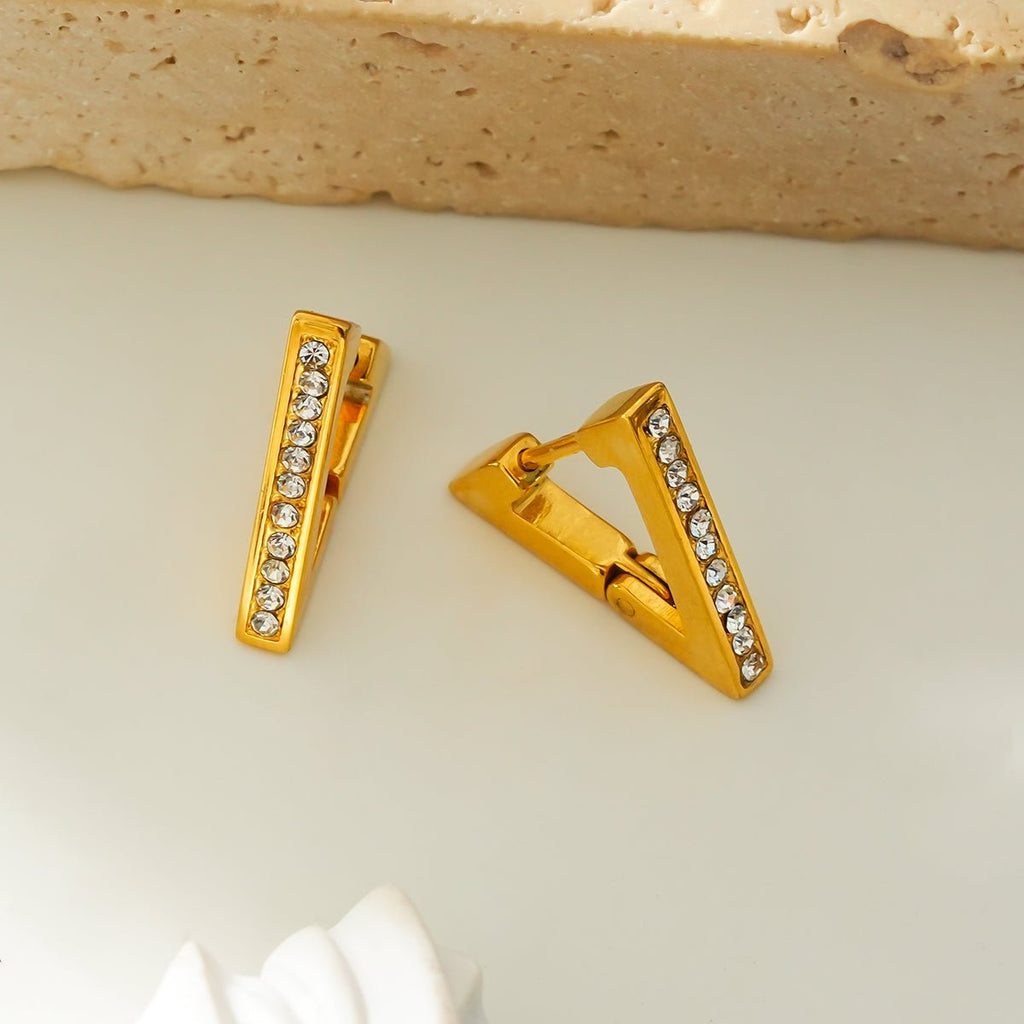 BACALAR Gold: Triangle Shape Hoop Earrings Embedded with Zirconia (CZ) Gemstones - MacroPanora