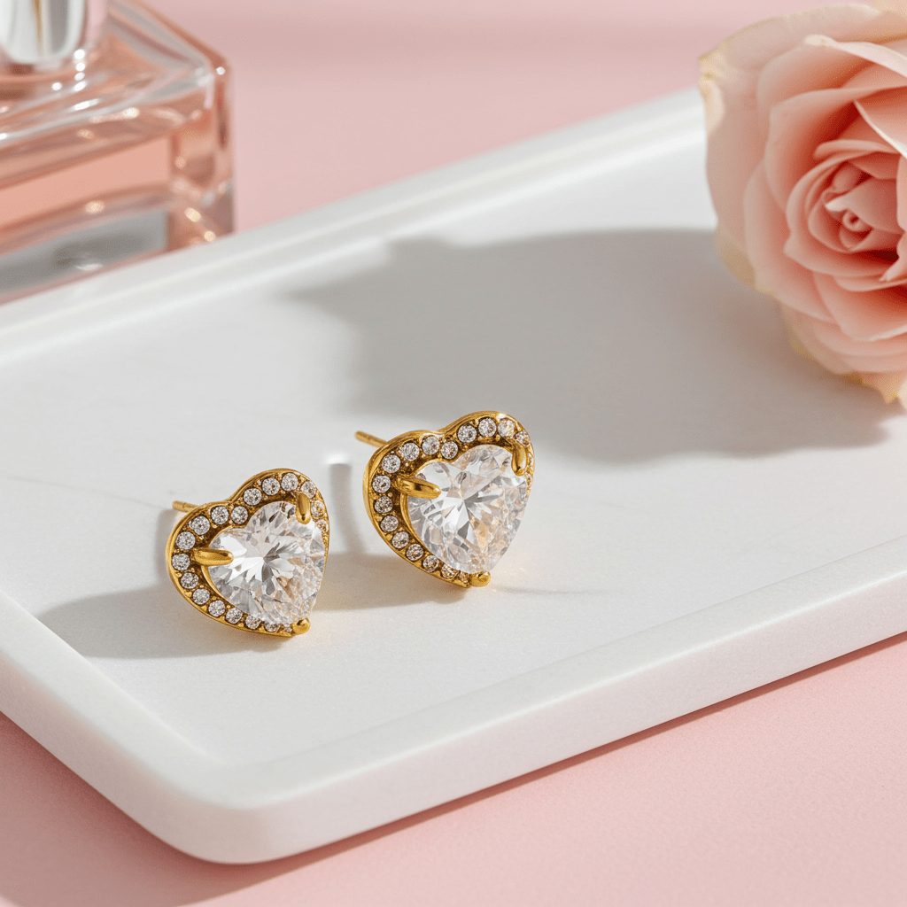 BANRAK Gold: Shimmering Heart Shaped Moissanite & Zirconia (CZ) Embedded Stud Earrings - MacroPanora