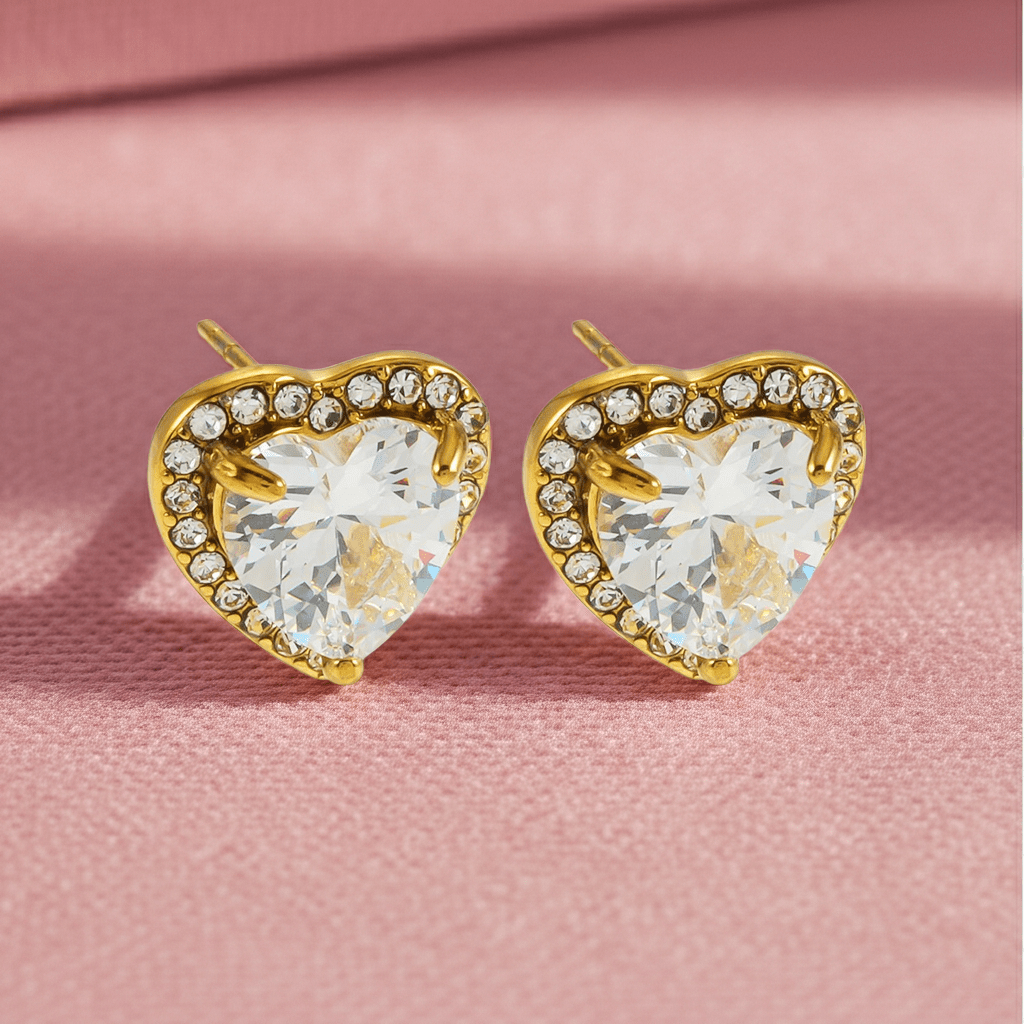 BANRAK Gold: Shimmering Heart Shaped Moissanite & Zirconia (CZ) Embedded Stud Earrings - MacroPanora