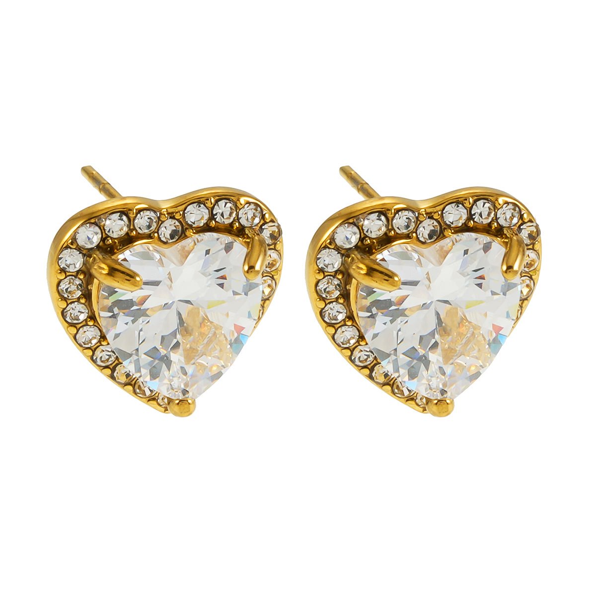 BANRAK Gold: Shimmering Heart Shaped Moissanite & Zirconia (CZ) Embedded Stud Earrings - MacroPanora