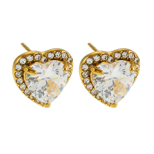 BANRAK Gold: Shimmering Heart Shaped Moissanite & Zirconia (CZ) Embedded Stud Earrings - MacroPanora