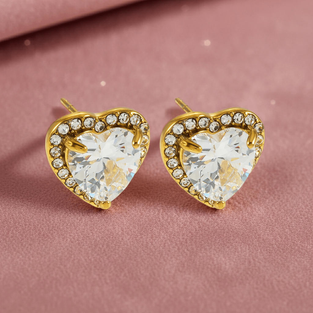 BANRAK Gold: Shimmering Heart Shaped Moissanite & Zirconia (CZ) Embedded Stud Earrings - MacroPanora