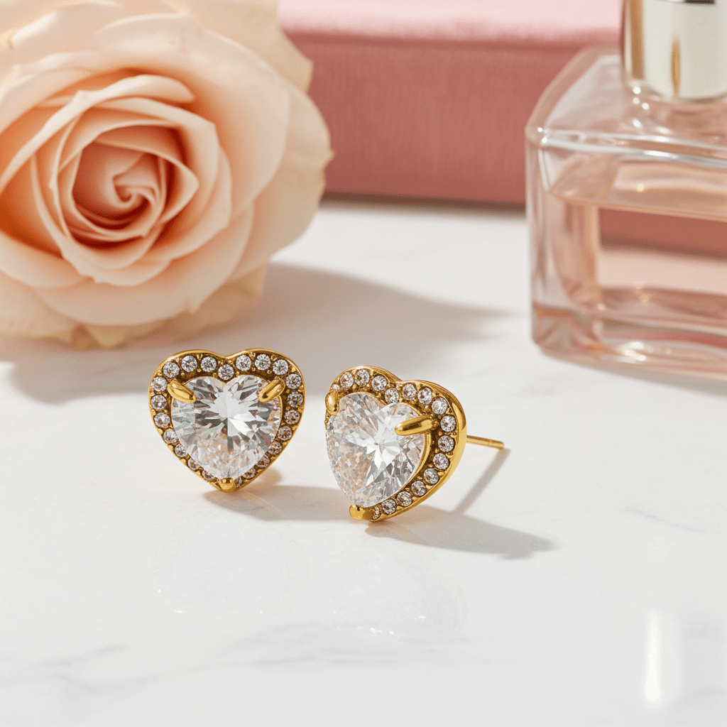 BANRAK Gold: Shimmering Heart Shaped Moissanite & Zirconia (CZ) Embedded Stud Earrings - MacroPanora
