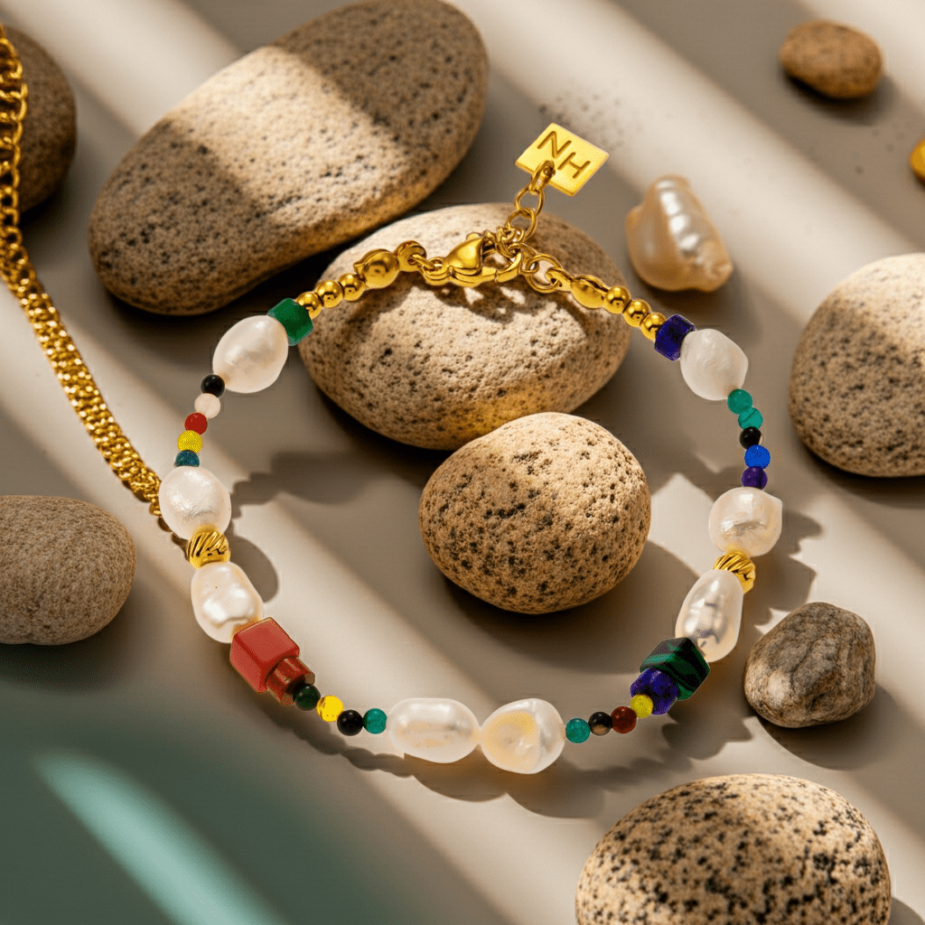 BANYANA: Paradise Found - Colourful Bracelet with Gold Beads, Natural Stones, and Freshwater Pearls - MacroPanora