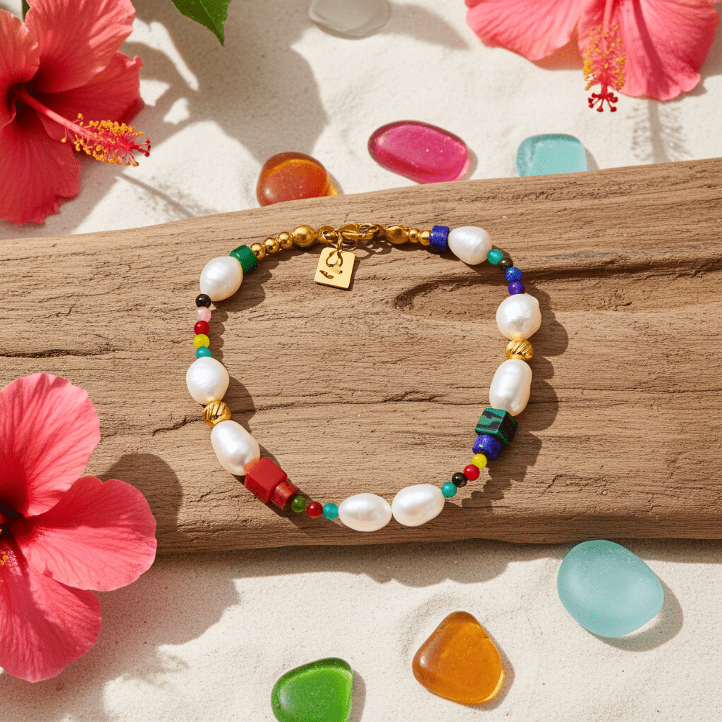 BANYANA: Paradise Found - Colourful Bracelet with Gold Beads, Natural Stones, and Freshwater Pearls - MacroPanora