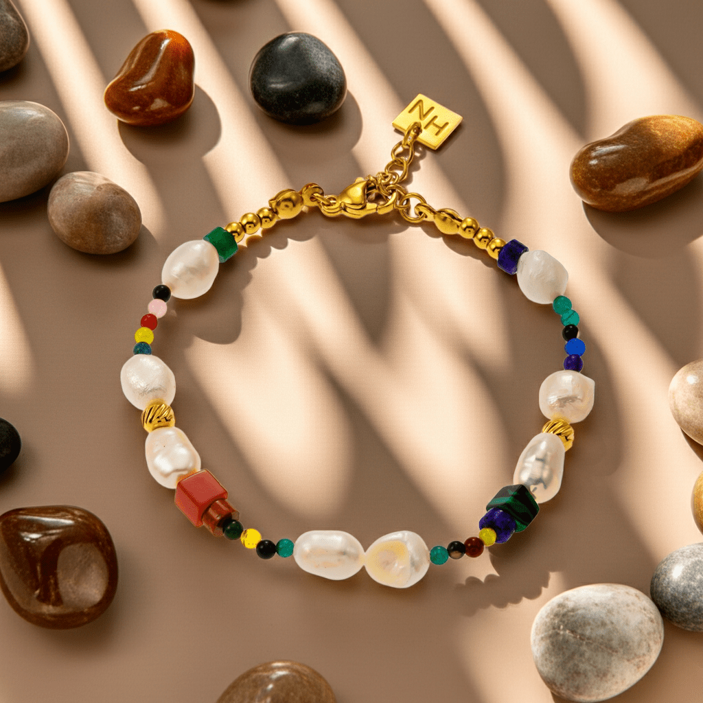 BANYANA: Paradise Found - Colourful Bracelet with Gold Beads, Natural Stones, and Freshwater Pearls - MacroPanora