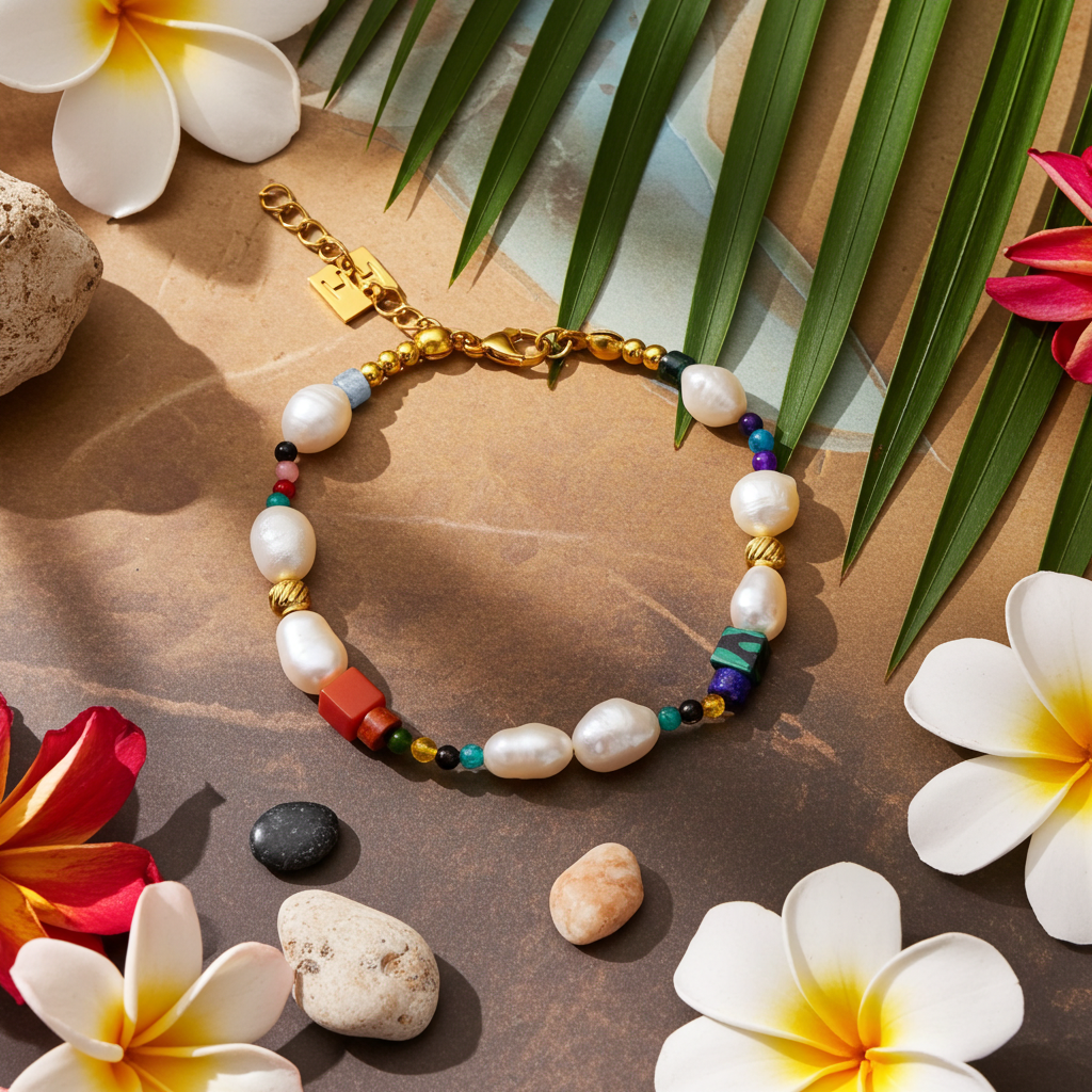 BANYANA: Paradise Found - Colourful Bracelet with Gold Beads, Natural Stones, and Freshwater Pearls - MacroPanora