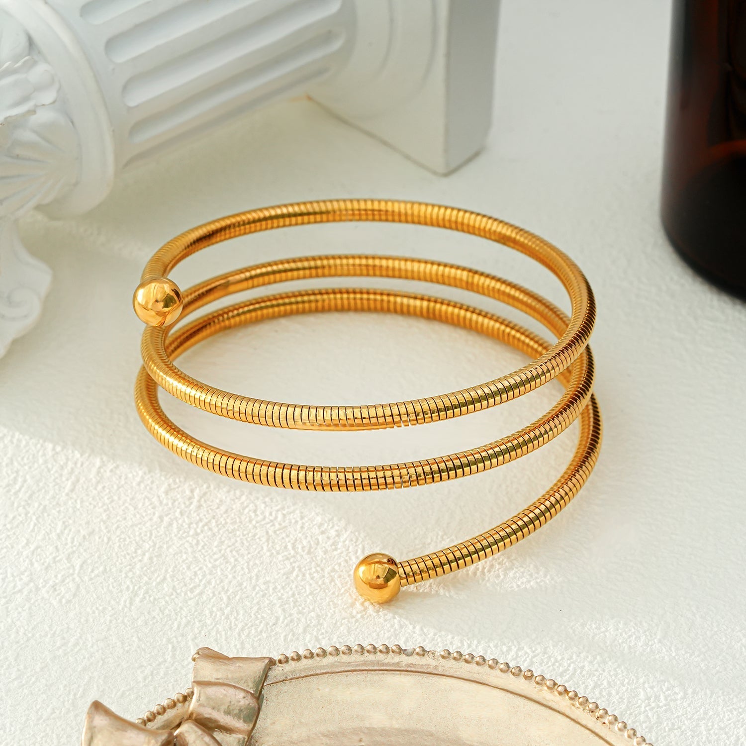 BASHEE: Triple Stacked Gold Bracelet with Surface Lines & Ball Bead Accents. - MacroPanora