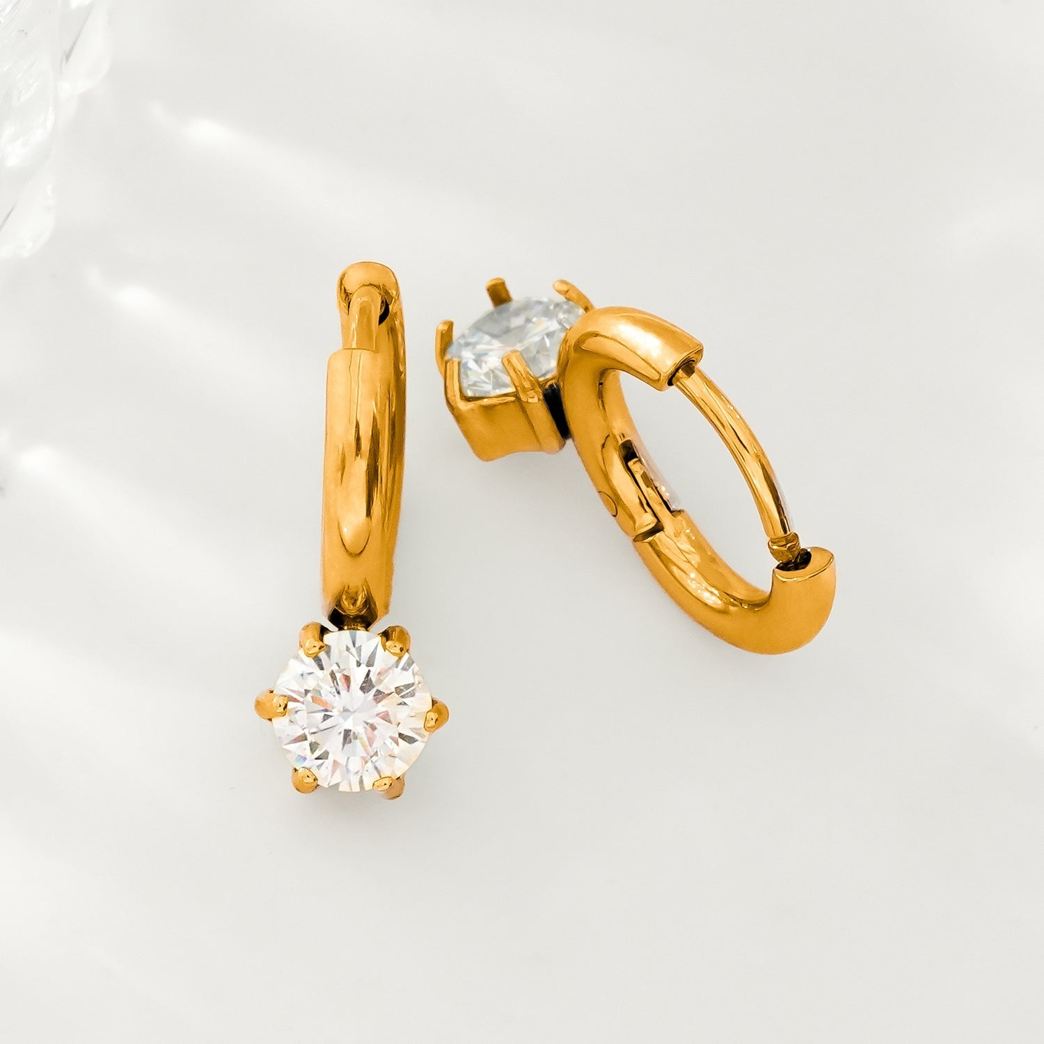 BEAULIEU: Vintage Inspired Mini Hoops with a Solitaire Moissanite Charm - MacroPanora