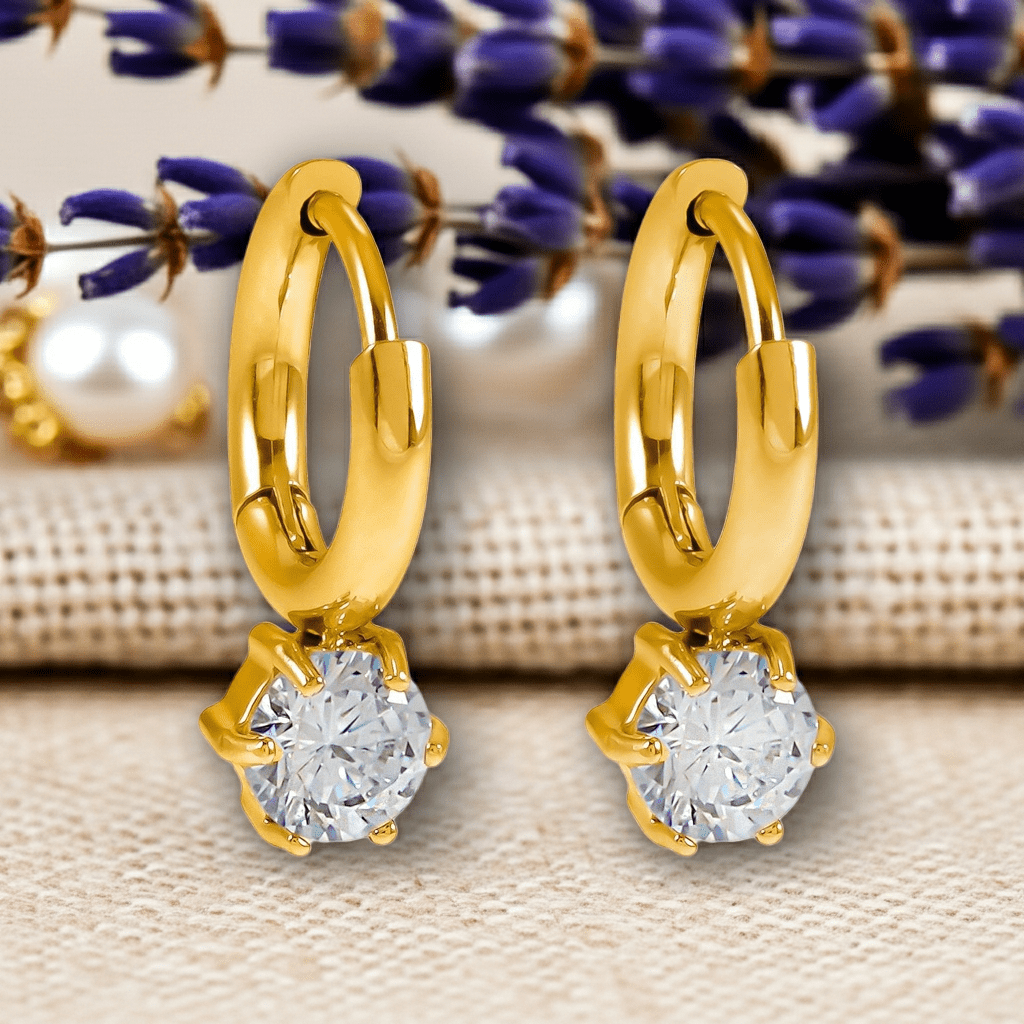 BEAULIEU: Vintage Inspired Mini Hoops with a Solitaire Moissanite Charm - MacroPanora