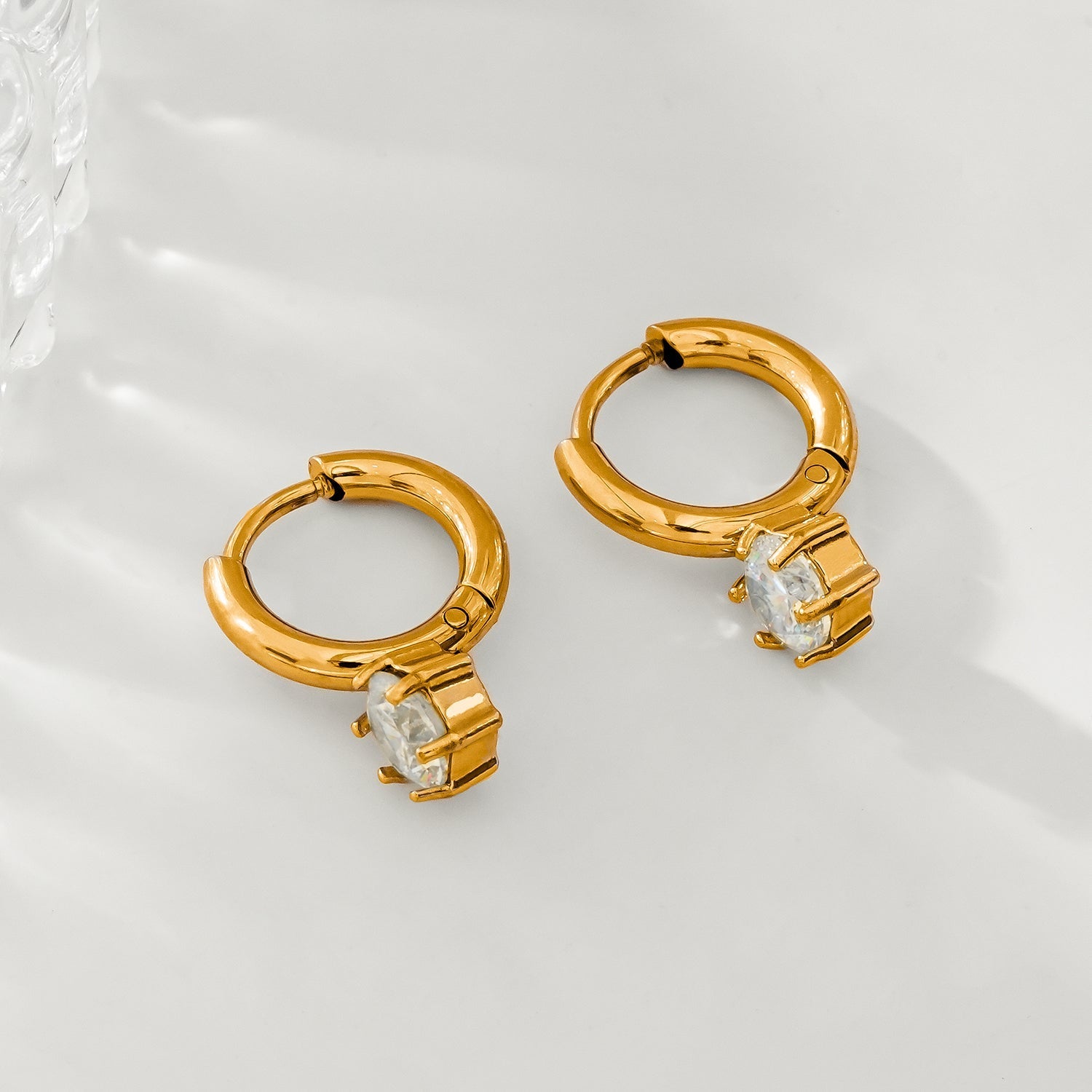 BEAULIEU: Vintage Inspired Mini Hoops with a Solitaire Moissanite Charm - MacroPanora