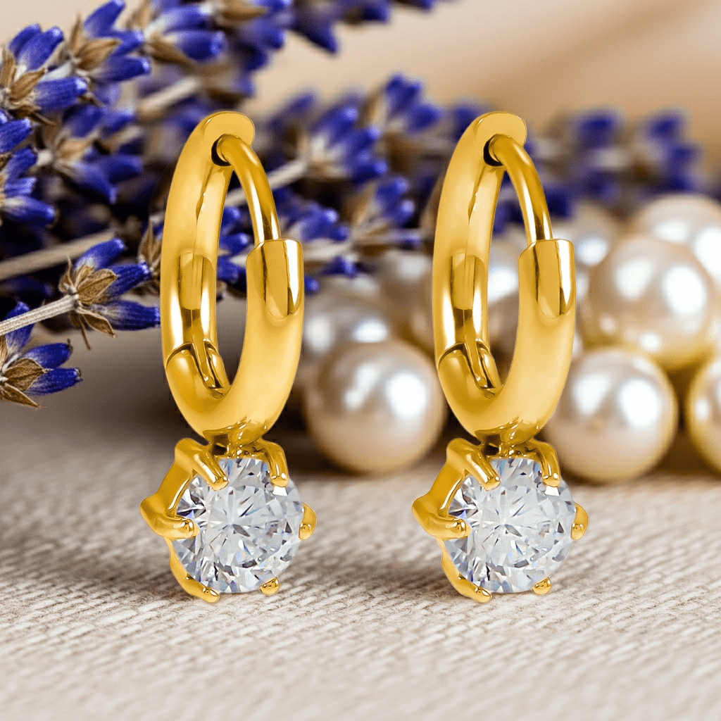 BEAULIEU: Vintage Inspired Mini Hoops with a Solitaire Moissanite Charm - MacroPanora
