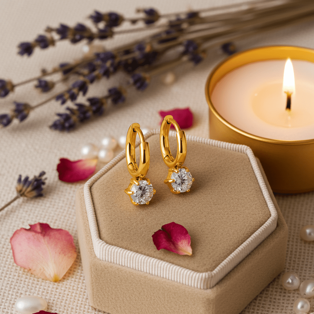 BEAULIEU: Vintage Inspired Mini Hoops with a Solitaire Moissanite Charm - MacroPanora