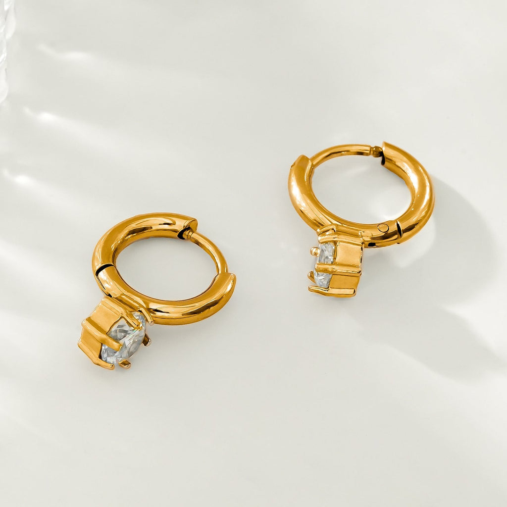 BEAULIEU: Vintage Inspired Mini Hoops with a Solitaire Moissanite Charm - MacroPanora