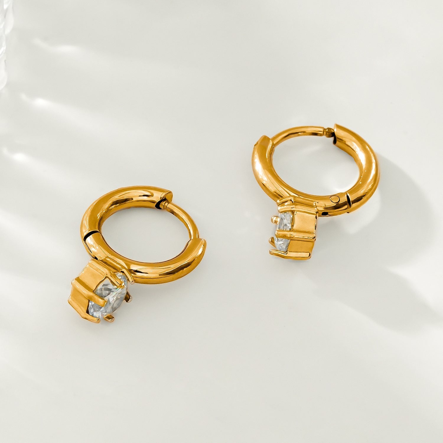 BEAULIEU: Vintage Inspired Mini Hoops with a Solitaire Moissanite Charm - MacroPanora